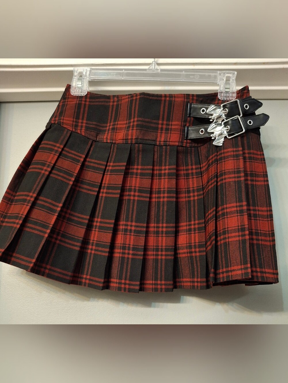 Killstar Red & Black Tartan Plaid Pleated Bat Buckle Skirt
